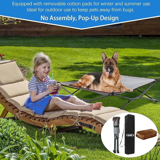 unp Camping Dog Bed Pop up - Small Collapsible Dog Cot 19 x 19 x 10 inch - Outside Dog Bed with Plush Cover & Carrying Bag for French Bulldog, Poodle... (Brown, S)