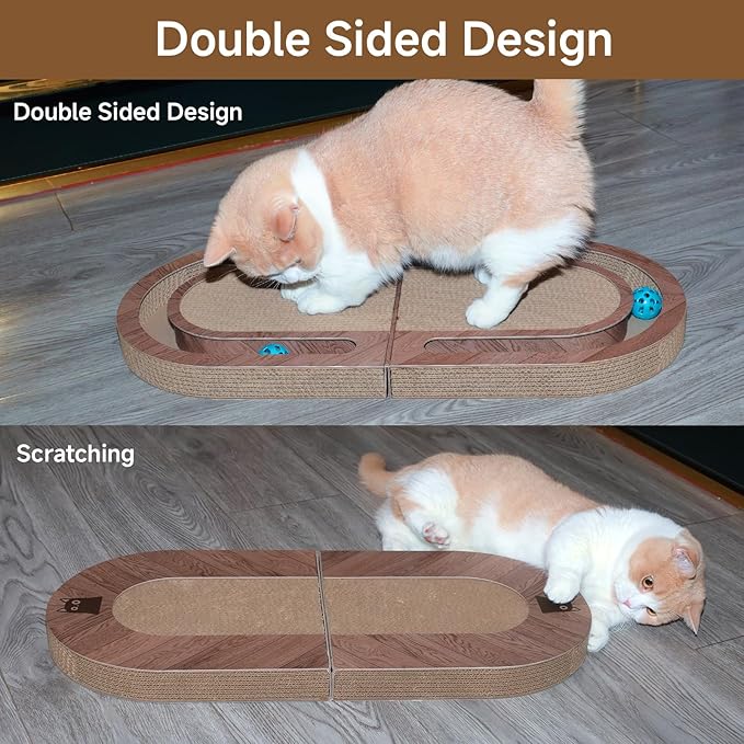 26" Cat Scratcher with Bells, Double Sided Interactive Toy - Encourages Healthy Scratching for Indoor Cats, Use on Floor, Wall or Couch