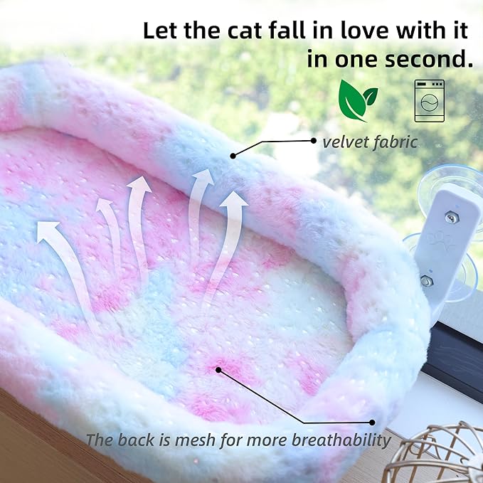 Cat Window Perch, Sturdy Cat Hammock with Strong Suction Cups for Large Heavy Cats, Gradient Color Shiny Fabic with Cushioned Border, Cute Window Bed Seat for Cats Inside with Movable Toy Hooks (XL)