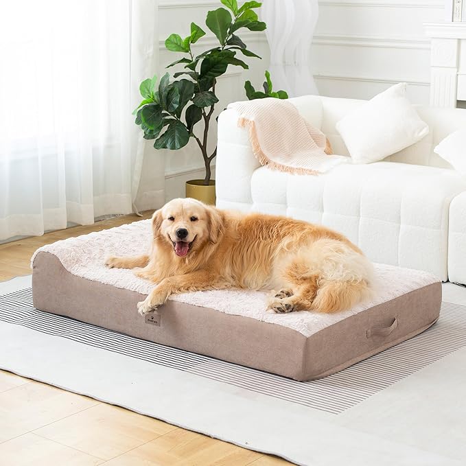 Jumbo Orthopedic Dog Bed for Large Dogs - 7-inch Thick Memory Foam Dog Bed with Pillow Removable Cover Machine Washable (Off-White | Textured Plush), 50''L x 34''W x 10''Th I Extra Large