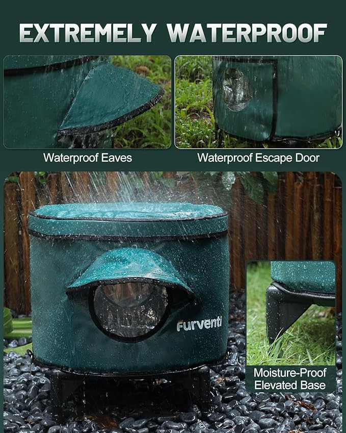 Heated Cat House for Outside,Metal Frame,Barrel Design,Extremely Weatherproof & Insulated in Winter,Elevated Outdoor Cat Shelter with Eaves & Escape Door for Feral Stray Barn Cat(Dark Grey,Large)