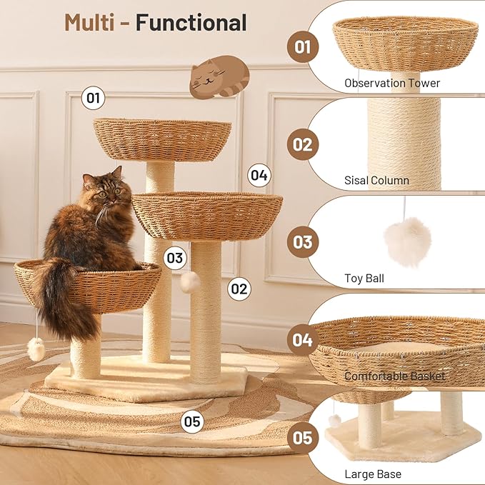 Rattan Cat Tree House with Scratching Post,Wicker Basket,Bed,and Stand Modern Cat Climbing Tower Condo for Indoor Large Adult Cat