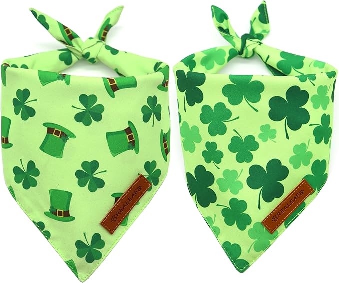 Realeaf St. Patrick's Day Dog Bandanas 2 Pack, Triangle Reversible Pet Scarf for Boys and Girls, Premium Durable Fabric, Holiday Bandana for Medium and Large Dogs (Large)