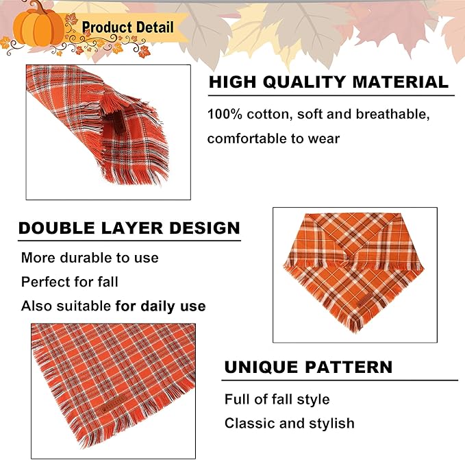 ADOGGYGO Fall Dog Bandanas with Tassels Edges, Stylish Plaid Thanksgiving Halloween Scarf Bib, Orange Plaid Fall Bandanas for Small Dogs (Small)