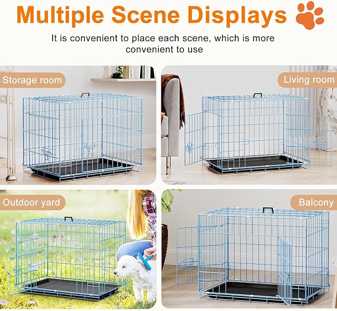 FDW 24inch Dog Crate Pet Cage with Metal Folding Design Plastic Tray Indoor Outdoor Dog Kennel Cage for Small Dogs,Blue