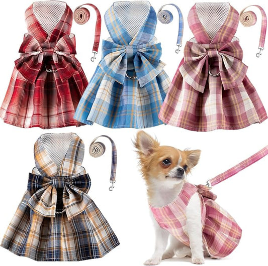 4 Pcs Cute Plaid Dog Dress Set with Bow Tie Harness & Leash for Small Dogs, Puppy Clothes for Girls Summer Outfits(M,Dark Color)