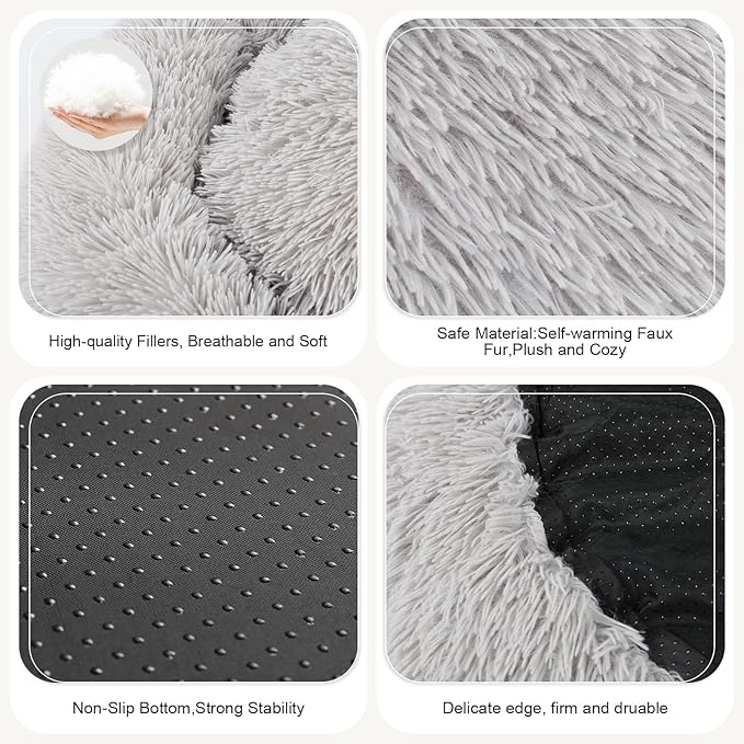Dog Bed, Cat Calming Bed, Faux Fur Pillow Pet Donut Cuddler Round Plush Bed for Large Medium Small Dogs and Cats (Light Grey, 49.0" L x 38.0" W x 7.0" Th)