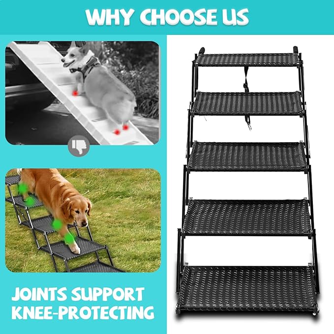 Extra Wide Dog Stairs for Car - Foldable Dog Ramps for Large Dogs with Non Slip Surface, Portable Pet Stairs for Cars and SUV, Truck, Sofas, Bed Support Up to 250 lbs(Wide 5 Steps)