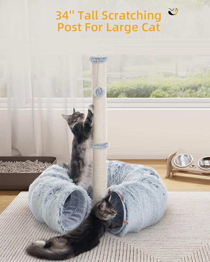 34'' Tall Cat Scratching Post with Tunnel Bed for Indoor Adults, Large Donut Tunnel, Fluffy Plush Peekaboo Cat Cave, Multifunctional Playground for All Cats