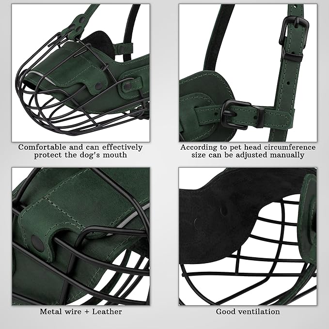 OOPSDOGGY Metal Pitbull Dog Muzzle Reflective Leather Mask Secure Wire Basket Muzzle for Large Sized Dogs Amstaff Soft Cage Muzzle to Prevent Biting Chewing with Adjustable Straps (Green, Pitbull)