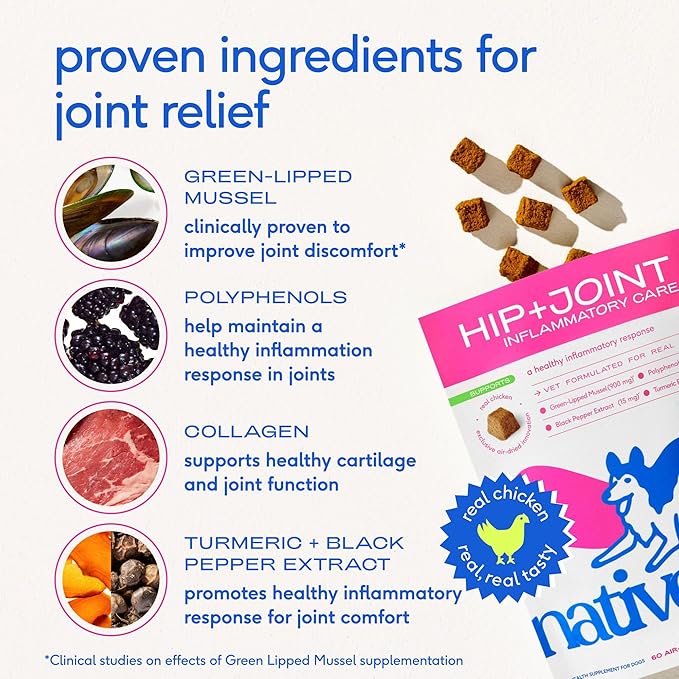 Native Pet Pain Relief for Dogs - Collagen for Dogs Promotes Joint Health, Reduce Inflammation & Stiffness - Senior Pup Joint Supplement - Natural Pain Reliever for Active & Aging Pets - 120 Chews