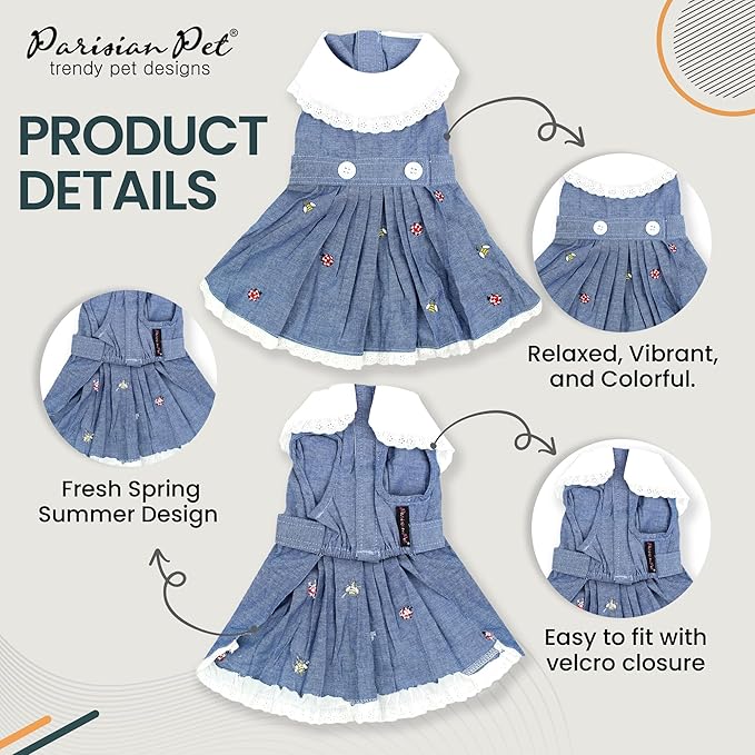 Parisian Pet Dog Dress - Chambray Dog Overall Dress - Lightweight and Fashionable Dog Skirt - Dog Summer Dress - Sleeveless Dog Clothes - Dog Overalls for Large Dogs Girl 2XL