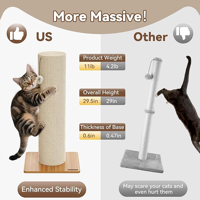 KAMABOKO 29.5" Cat Scratching Post, 7.5" Ultra-Large Diameter Natural Sisal Cat Scratch Post, Scratch-Resistant Tall Cat Scratcher for Indoor Cats, Protect Your Furniture, Beige, Pack of 1