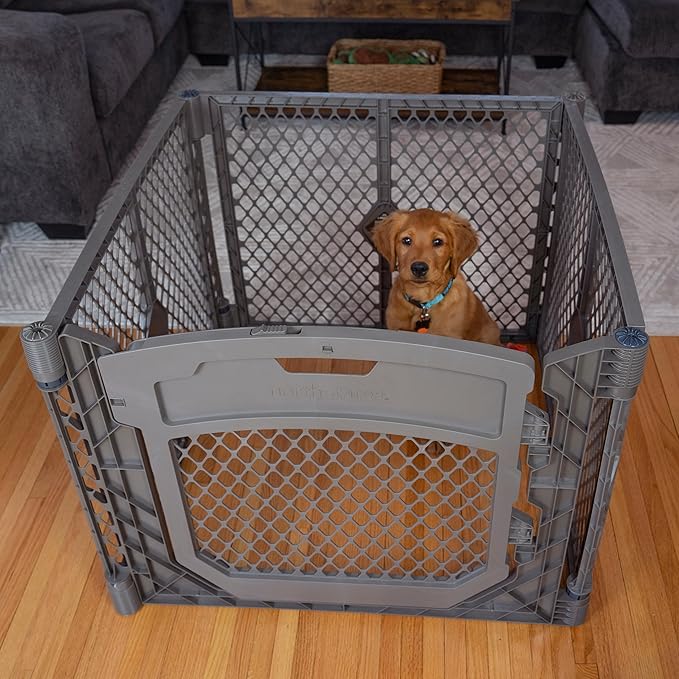 MyPet North States Petyard Plus: 3 Ft. Wide Folding Dog Playpen Indoor or Outdoor. 4-Panel Freestanding Play Pen Dog Gate Made in USA. 26" Tall, Fieldstone