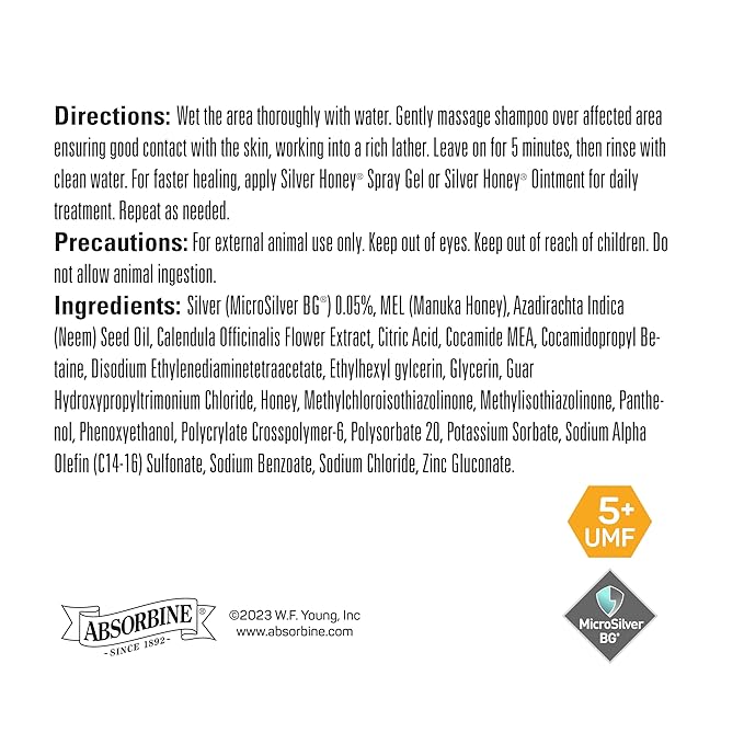 Absorbine Silver Honey Rapid Skin Relief Medicated Shampoo, Medical Grade Manuka Honey & MicroSilver BG, Rejuvenating, Soothing & Hydrating, 16 fl oz