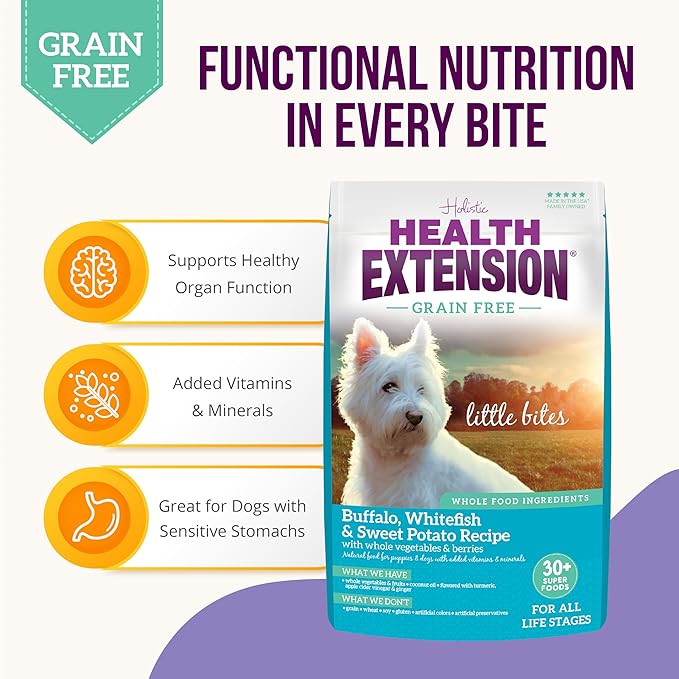 Health Extension Grain Free Buffalo & Whitefish Little Bites (3.5 lb / 1.59 kg) - Small Kibble Formula with Omega 3 & Whole Foods for Teacups, Toys & Miniature Dogs