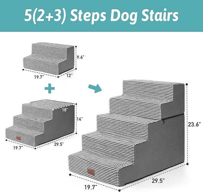 Dog Stairs for Small Dogs, 5 Tier Removable Wider Pet Stairs for Couch and Bed, 23.6" H Non-Slip Dog Steps for Puppies and Old Cats with Support Board, 19.7x29.5x23.6 inch, White Black