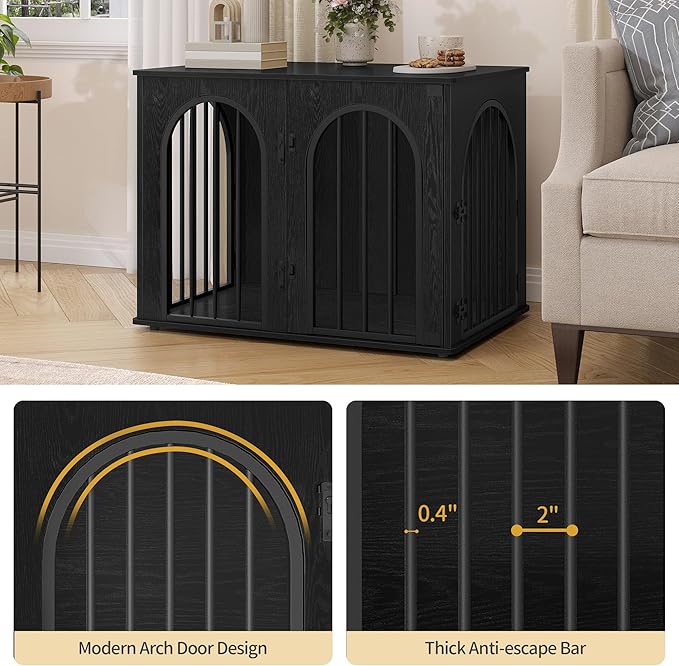 31.5'' Wooden Dog Crate Furniture, Indoor Dog Kennel Dogs Cage for Small/Medium Dogs, Heavy Duty Dog Crates Decorative Pet House End Side Table TV Stand, Black DFC85104B