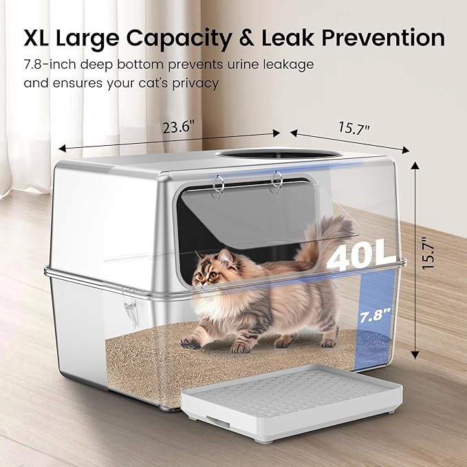 Stainless Steel Litter Box with Lid, Enclosed Metal with High Sides, Large Cat Litter Box, Dog-Proof, Odor Control, Easy to Clean,Durable with Round Edge (Offset Opening)