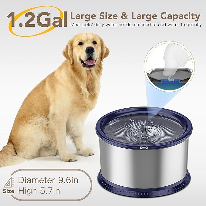 4.5L/1.2Gal Dog Water Bowl, No Spill Stainless Steel Slow Water Bowl for Medium Large Dogs, Large Capacity Splash Proof Slow Drinking Water Bowls with Anti-Slip Mat for Mess Drinkers, Blue