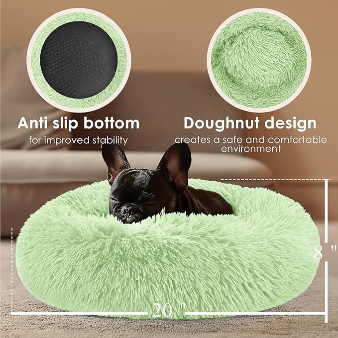 Hoewina Dog & Cat Bed, 20in Cat Beds for Indoor Cats, Calming Donut Bed for Puppy and Kitten, Washable Round Fluffy Pet Bed for Small Medium Dogs and Cats (Green)