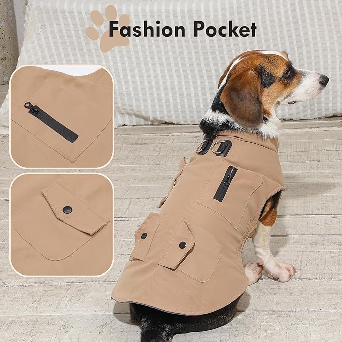 Workwear Style Dog Coats with Harness Built in for Small Dogs Windproof Warm Puppy Jacket with Storage Pockets for Cold Winter,LightBeige L