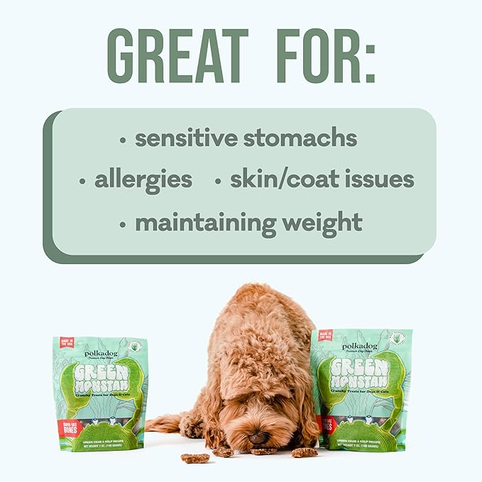 Polkadog Green Monstah Bones Crunchy Treats - Dog Treat for Small & Large Dogs with Vitamin-Rich Kelp, Omega-3, Protein - New England Green Crab & Kelp Blend - Training Size