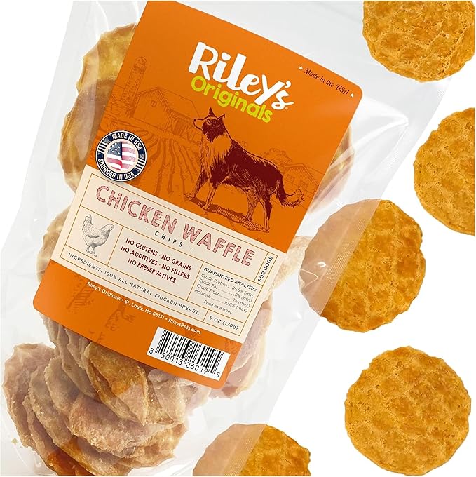 Riley's Waffles Chicken Chips for Dogs - USA Sourced 100% Chicken Breast - Dehydrated and Lean Jerky Treats - Single Ingredient Dog Treat - 16oz