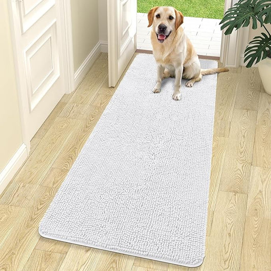OLANLY Dog Door Mat for Muddy Paws 70x24, Absorbs Moisture and Dirt, Absorbent Non-Slip Washable Doormat, Quick Dry Chenille Mud Mat for Dogs, Entry Indoor Entryway Carpet for Inside Floor, White