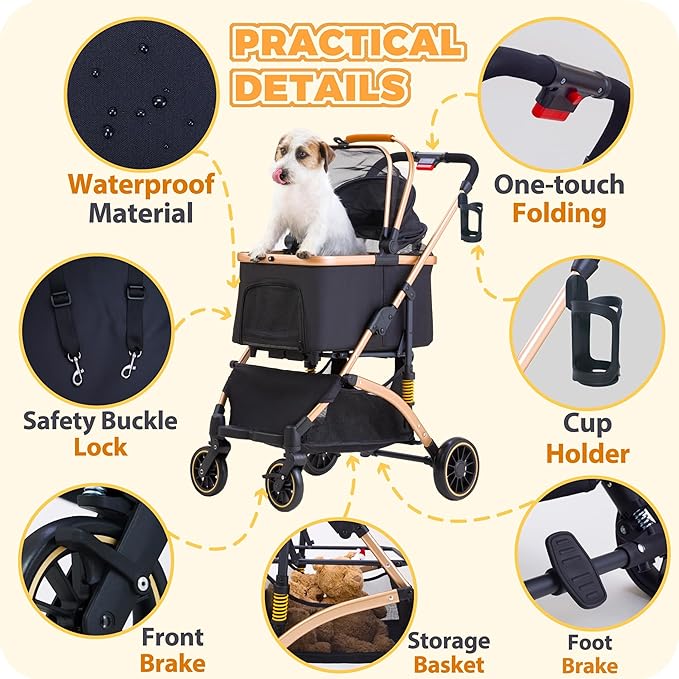 Pet Stroller for Small Dogs, Lightweight Small Dog Stroller for Dogs Cats with 6 Shock Absorption System, Detachable Carrier Suitable for Car Seat & Hand Carry, Safe Outings, Black