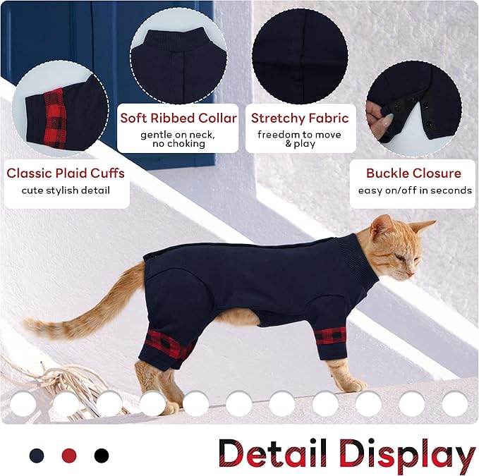 PUMYPOREITY Cat Pajamas, Stretchy 4-Leg Design with Back Buckles for Easy On/Off, Soft Cat Recovery Suit Reduce Wound Licking After Surgery, Kitten Onesie - Machine Washable, XS, Blue
