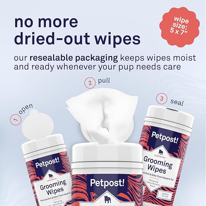 Petpost Grooming Wipes for Dogs | 70 Count Large Deodorizing Dog Cleaning Wipes with Coconut Extract & Aloe | Gentle Pet Wipes with Cherry Blossom Scent for Full-Body Grooming