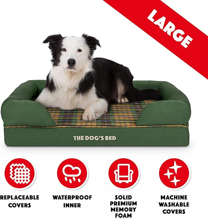 The Dog’s Bed, Large Green Tartan, Memory Foam, Pain Relief: Arthritis, Hip & Elbow Dysplasia, Post Surgery, Lameness, Supportive, Calming, Waterproof Washable Cover