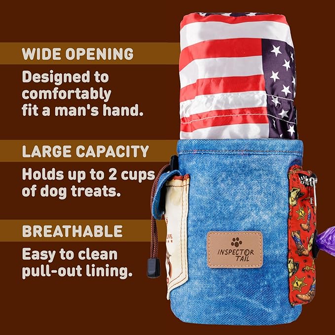 INSPECTOR TAIL Dog Treat Pouch w Cord Closure to Prevent Spills | 2 Cup Size | Hands Free - 4 Ways to Wear Tote | Pockets for Snacks Toys Poop Bags Keys Cards | Pet Training Walking & Rewarding Holder