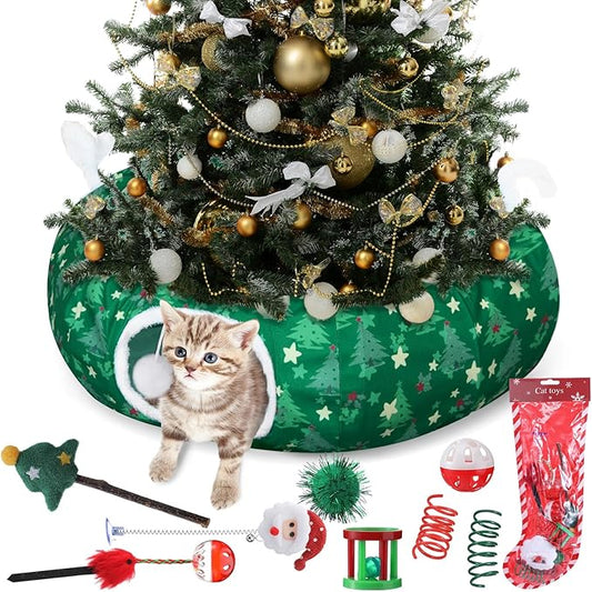 Christmas Cat Tunnel Bed with 8 Cat Toys Fluffy Plush Dog Tunnel Bed with Washable Cushion and Dangling Balls 3FT Multifunctional Playground for Small Medium Large Rabbit(Tree,Green)