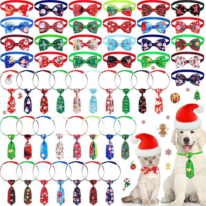 Eccliy 50 Pcs Christmas Dog Bow Ties for Dogs Christmas Dog Bows Adjustable Cat Bow Ties Neckties Set Santa Claus Christmas Tree Dog Bowties Pet Bow Ties Collar for Christmas Dogs Cat Decoration