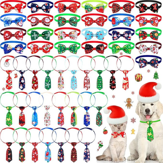 Eccliy 50 Pcs Christmas Dog Bow Ties for Dogs Christmas Dog Bows Adjustable Cat Bow Ties Neckties Set Santa Claus Christmas Tree Dog Bowties Pet Bow Ties Collar for Christmas Dogs Cat Decoration