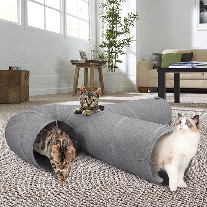 Ownpets Cat Tunnel 12 Inches in Diameter Larger Pet Tunnel Tube with Plush Ball & Feather Toy, U-Shaped Cat Play Tunnel for Big Cat, Puppy and Rabbits