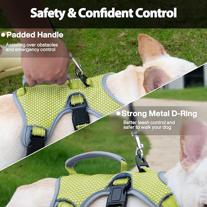 Huntboo Escape Proof Dog Harness, Escape Artist Harness, Reflective Dog Harness with Handle, Durable,Adjustable Vest for Small Medium Large Dogs Walking, Training, and Running Gear(Green,L)