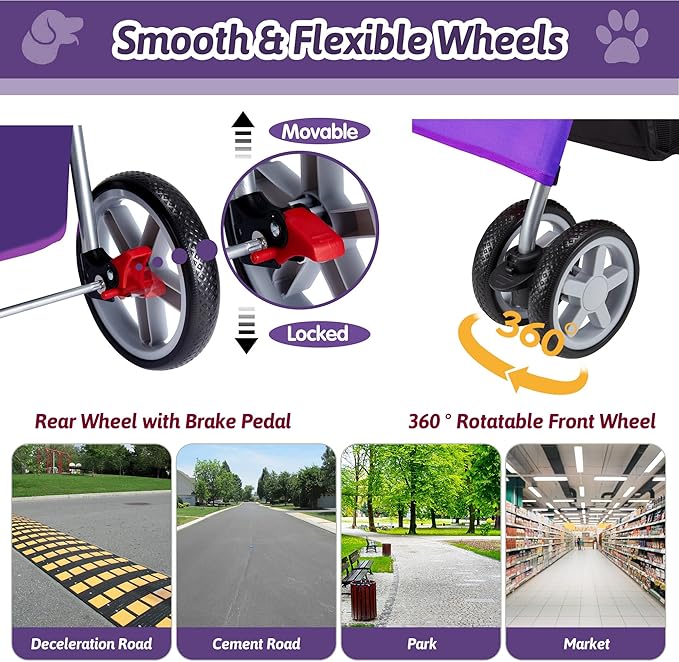 Pet Stroller, 4 Wheels Pet Strolling Cart for Medium/Small Dogs and Cats, Foldable Cat Jogger/Dog Stroller with Cup Holder, Storage Basket, Breathable Mesh, All-Season Pet Carrier, Purple