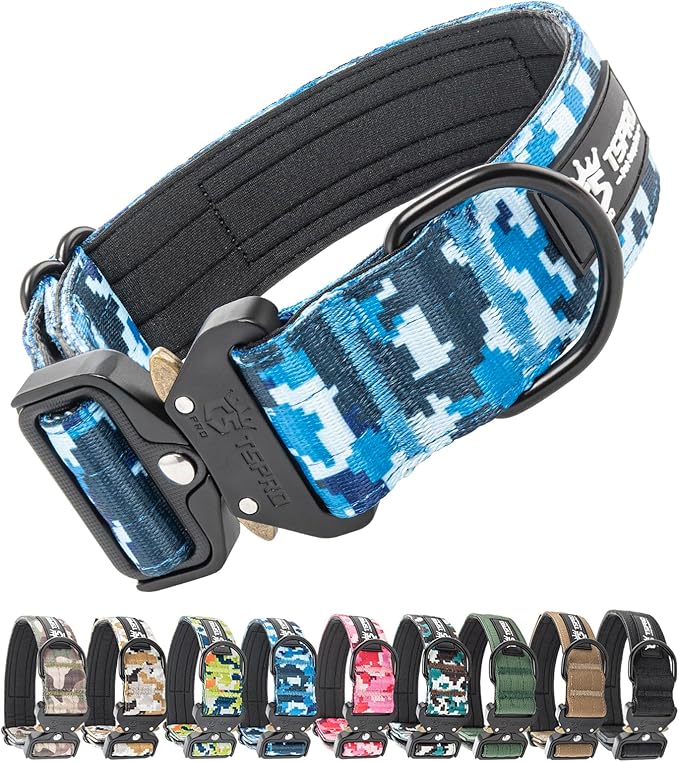 TSPRO Premium Dog Collars Tactical Dog Collar with Patch and Heavy Duty Quick-Release Metal Buckle Durable Thick and Adjustable for Medium to Large Dogs (Camo Blue L)