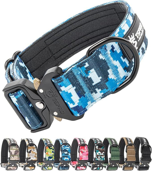 TSPRO Premium Dog Collars Tactical Dog Collar with Patch and Heavy Duty Quick-Release Metal Buckle Durable Thick and Adjustable for Medium to Large Dogs (Camo Blue L)