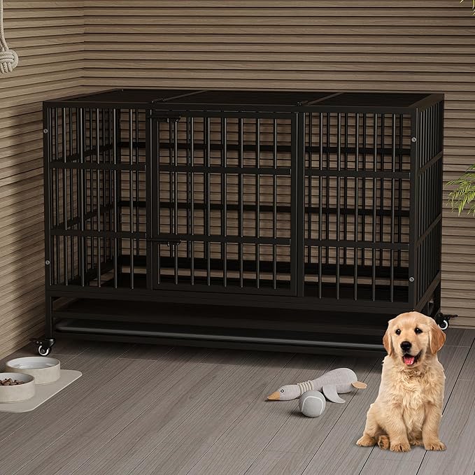 Heavy Duty Metal Dog Crate, 48.5 in Extra Large Double Door Dog Cage with Wheels, Folding Indoor Pet House with Removable Tray Perfect for Small, Medium and Large Pets