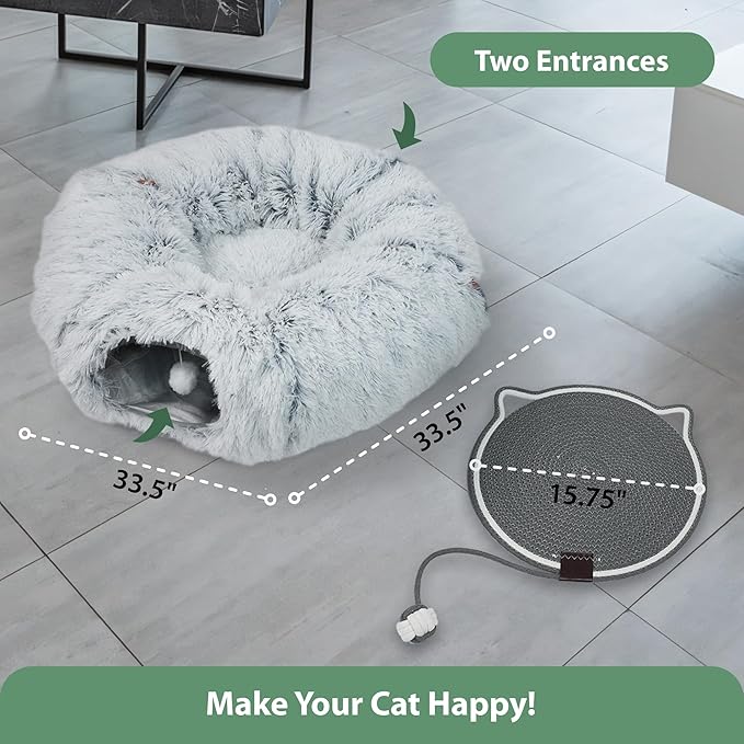 2-Pack Cat Tunnel Donut Bed and Cat Scratch Pad, Interactive Cat Tunnels for Indoor Cats, Fits Multiple Cats Up to 15 lbs, Cozy and Durable Cat Hideaway Toy for Kittens, Puppies, Rabbits (Grey)