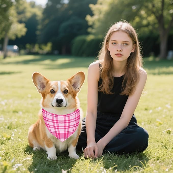 7 PCS Medium Plaid Dog Bandanas Hemming Seam Edge Dog Bandana for Small Dogs Print One Side Large Cats Scarfs Party Grooming M