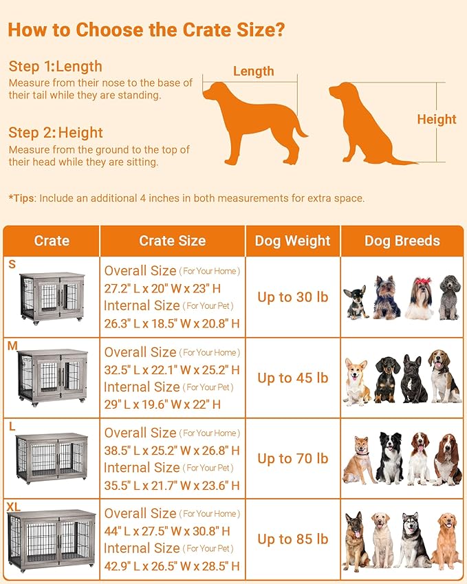 Dog Crate Furniture with Cushion Set of 2, Wooden Dog Kennel Indoor with Double Doors, Dog Cage with Wheels, Dog House Side End Table for Small Dogs up to 30 lb, 27.2" L, Grey