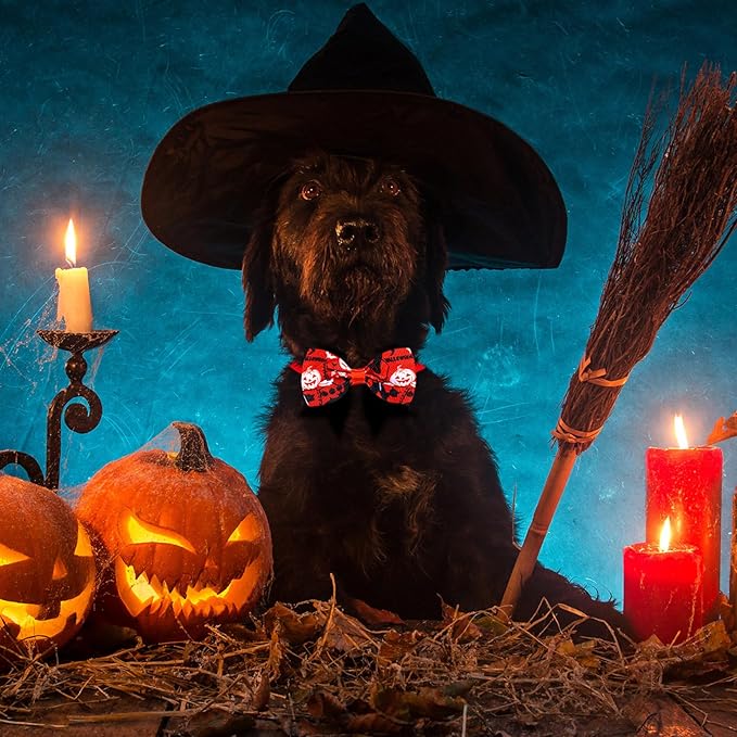 Eccliy 50 Pcs Halloween Dog Bow Ties Halloween Dog Collars Adjustable Puppy Hair Bows Neckties Set Pumpkin Ghost Pet Bow Ties Collar for Puppy Small Medium Large Pets