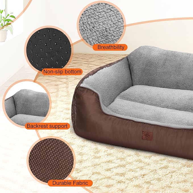 Washable Orthopedic Large Dog Bed, XL Dog Beds for Extra Large Dogs, High Back Dogs Sofa with Non-Slip Bottom, 37”x30”x8”, Brown