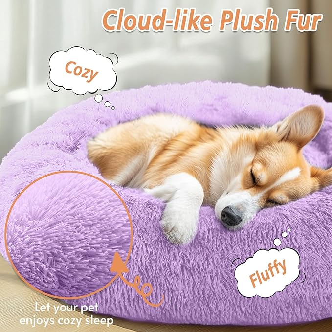 JOLLYVOGUE Calming Dog & Cat Bed for Large Dogs, Anti-Anxiety Donut Cuddler Cozy Soft Round Bed with Anti-Slip Bottom, Fluffy Faux Fur Plush Cushion Beds for Medium Dogs (36")