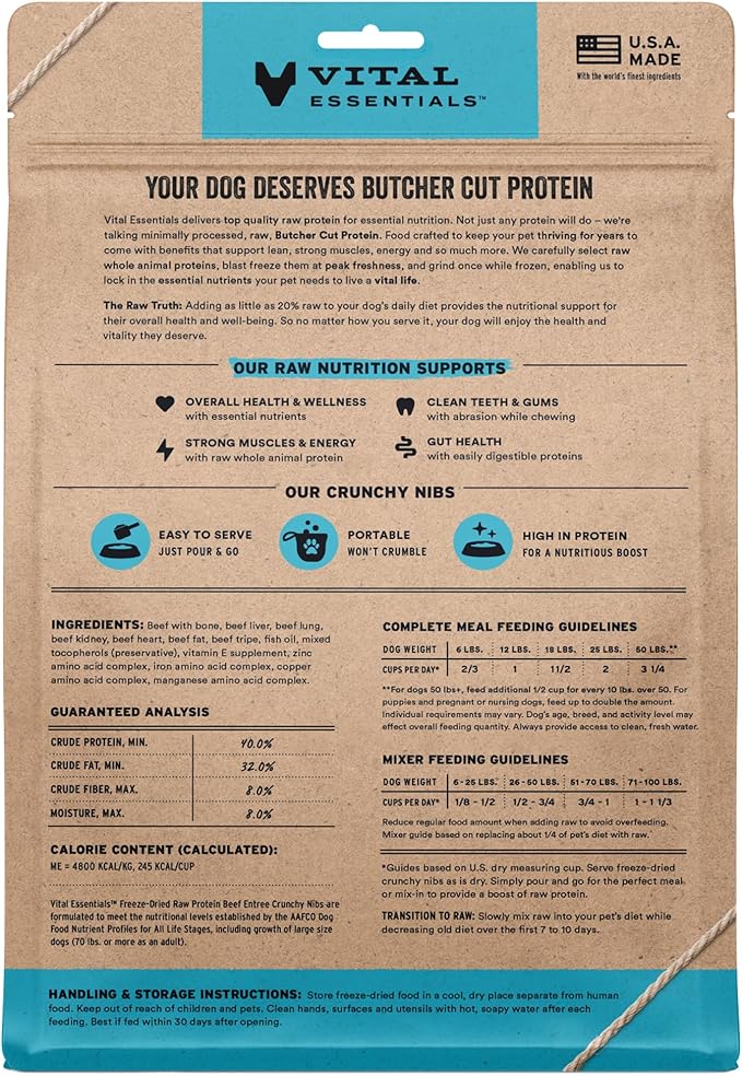 Vital Essentials Freeze-Dried Raw Beef Meal or Mixer Dog Food Crunchy Nibs, 14 oz